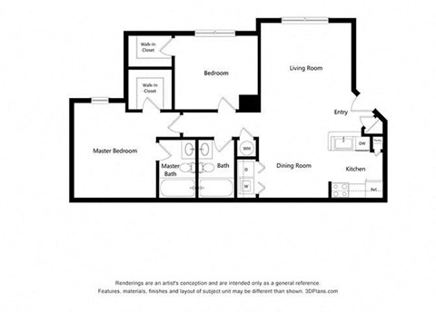 Floor plan for 2 beds, 2 baths, 968 sqft
